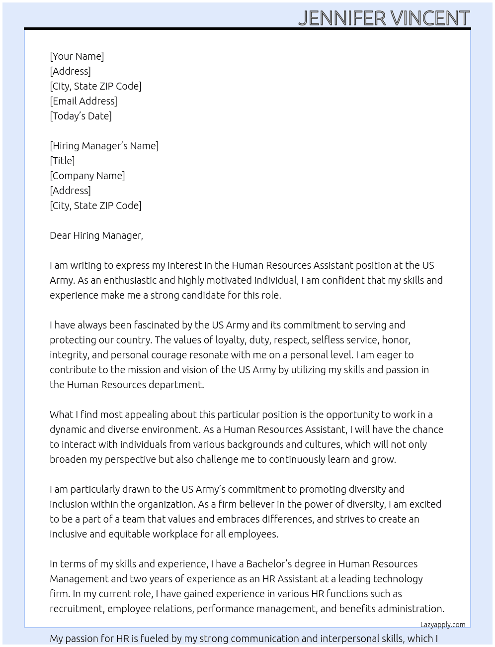 Human Resources Assistant  At US Army  Cover Letter