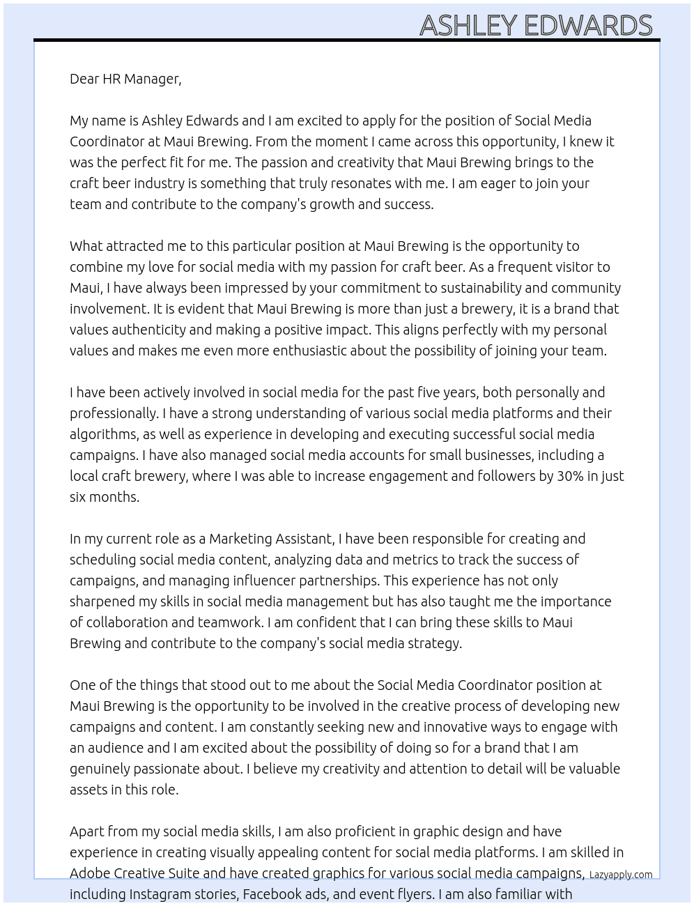 Social Media Coordinator  At Maui Brewing  Cover Letter