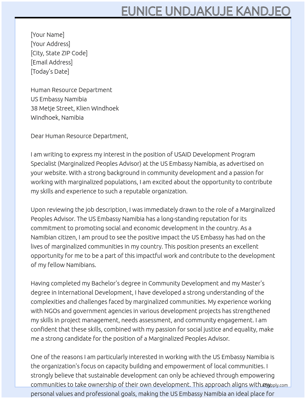 USAID Development Program Specialist (Marginalized Peoples Advisor At US Embassy Namibia Cover Letter