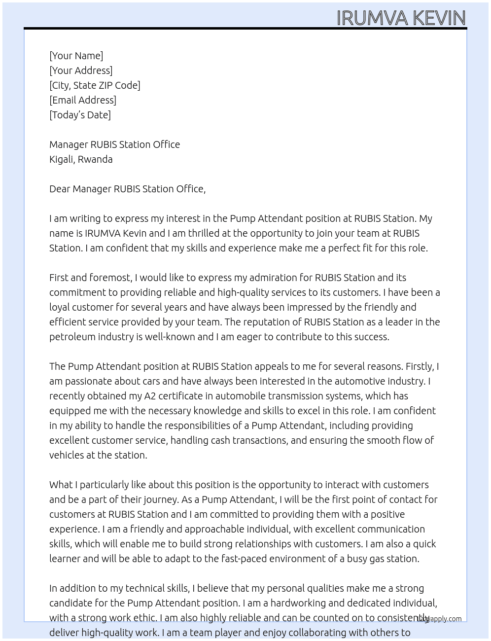 Pump Attendant At RUBIS Station  Cover Letter