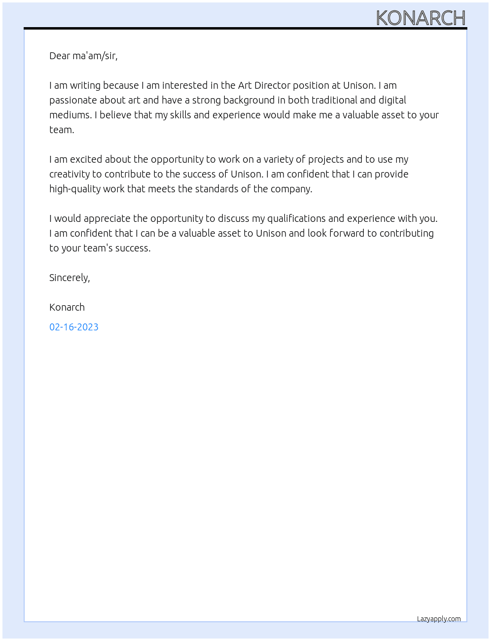 Art Director At Unison Cover Letter