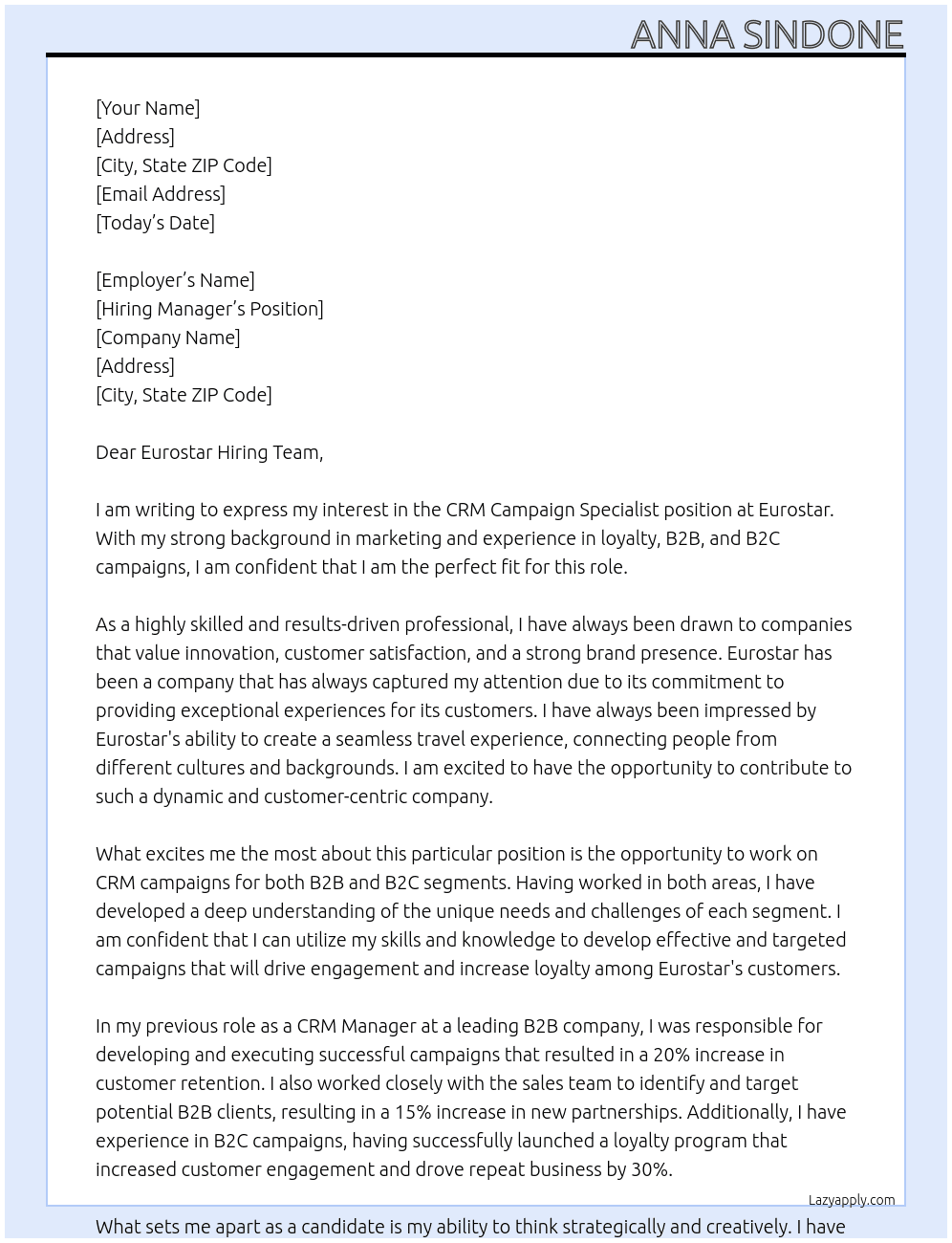 CRM Campaign Specialist (Loyalty, B2B and B2C) At EUROSTAR Cover Letter
