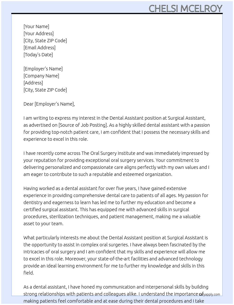 Dental Assistant At Surgical Assistant Cover Letter