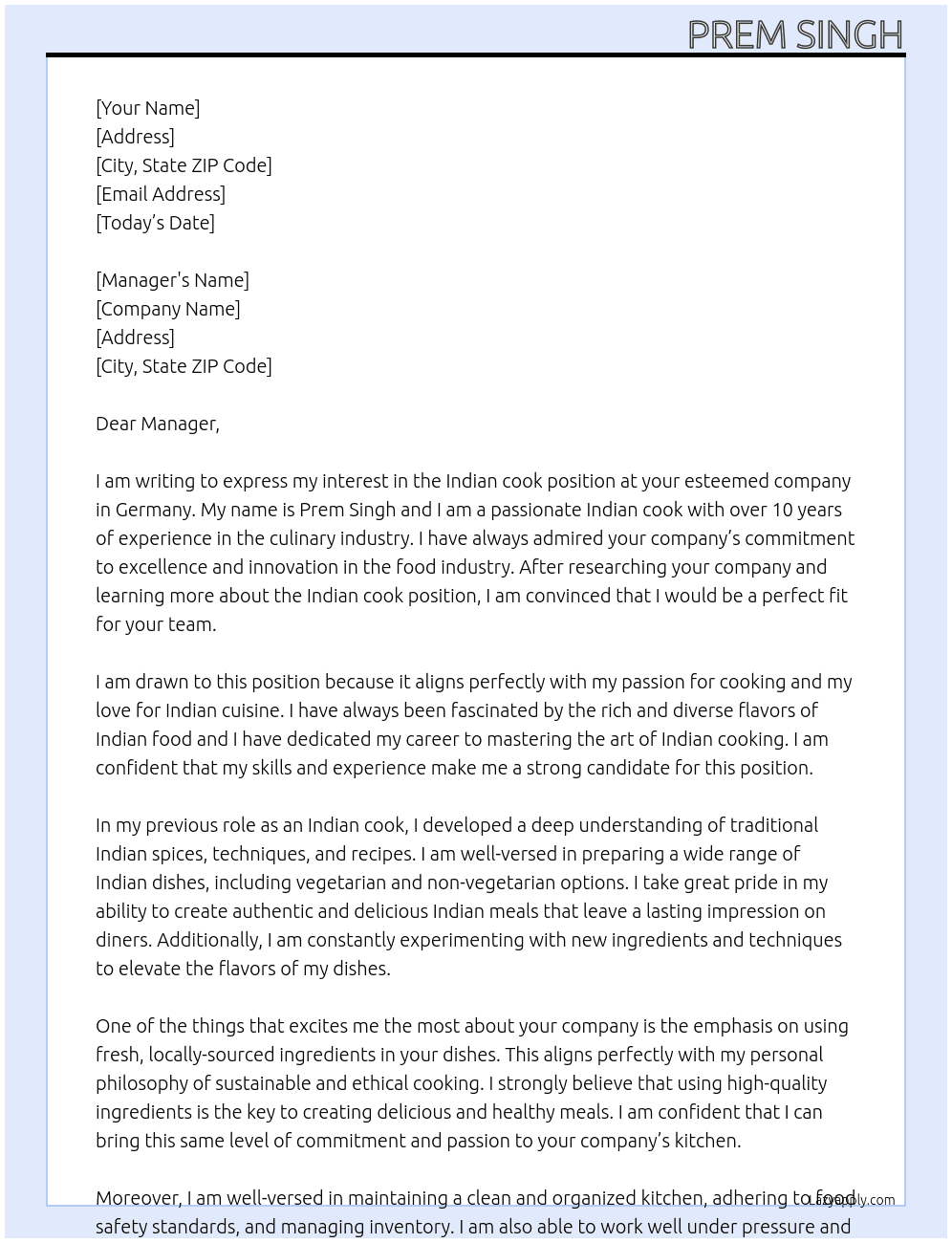 Indian cook At Germany Cover Letter