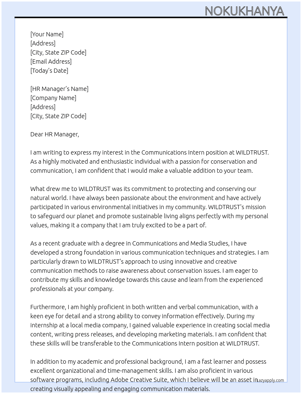 Communications Intern  At WILDTRUST Cover Letter
