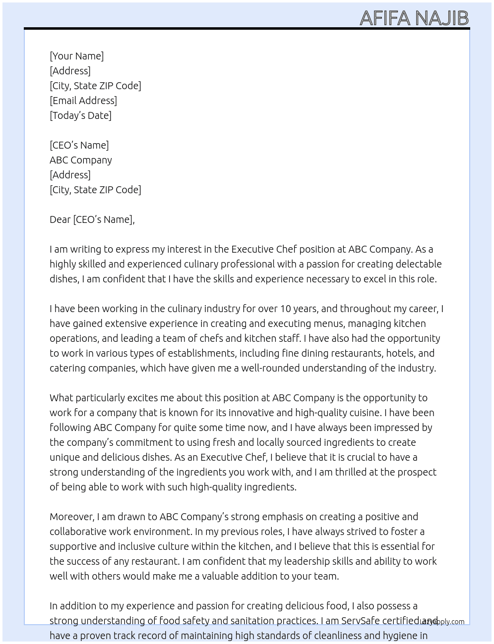 Executive Chef At abc Cover Letter