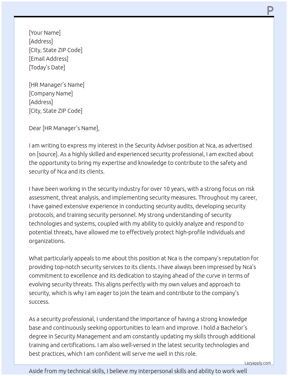 Security Adviser At Nca Cover Letter