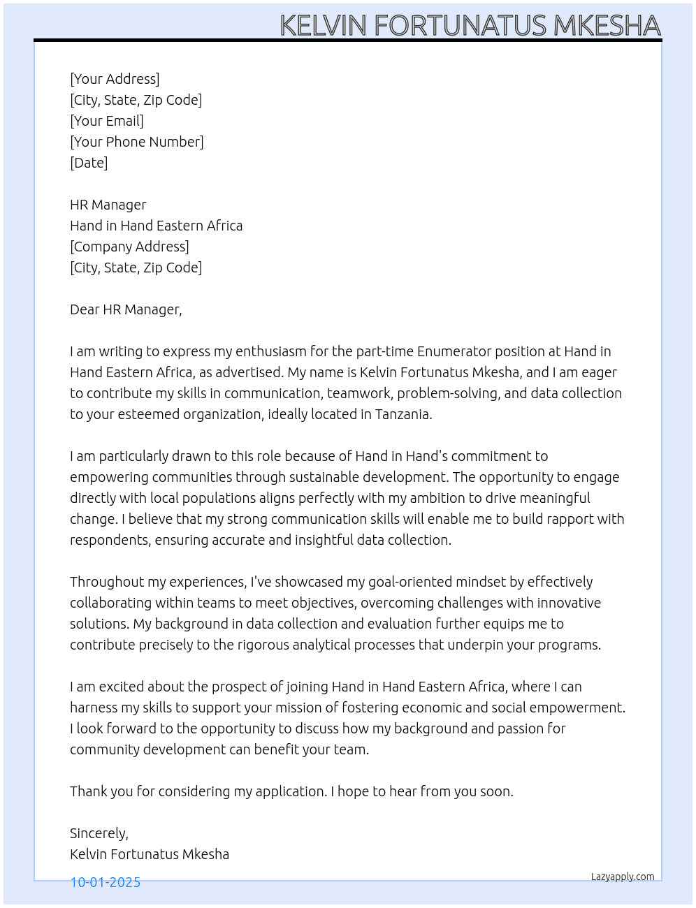 Enumerators at Hand in Hand Eastern Africa September 2025 At Hand in Hand Eastern Africa  Cover Letter