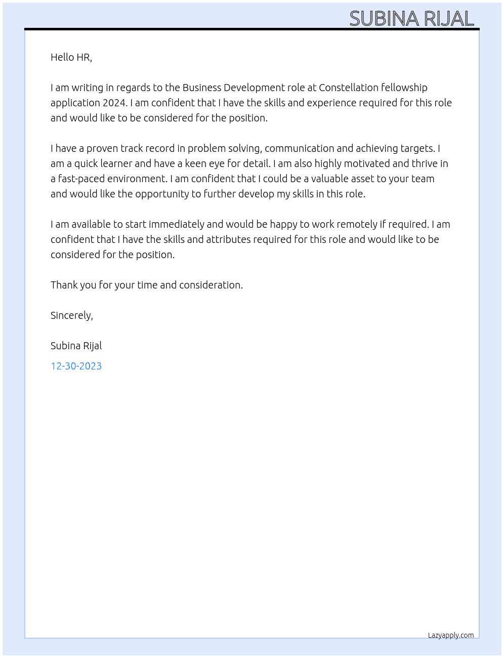 Business Development  At Constellation fellowship application 2024 Cover Letter