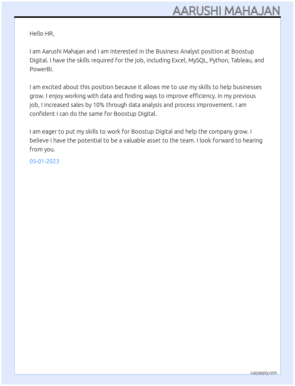 Business Analyst At Boostup Digital Cover Letter