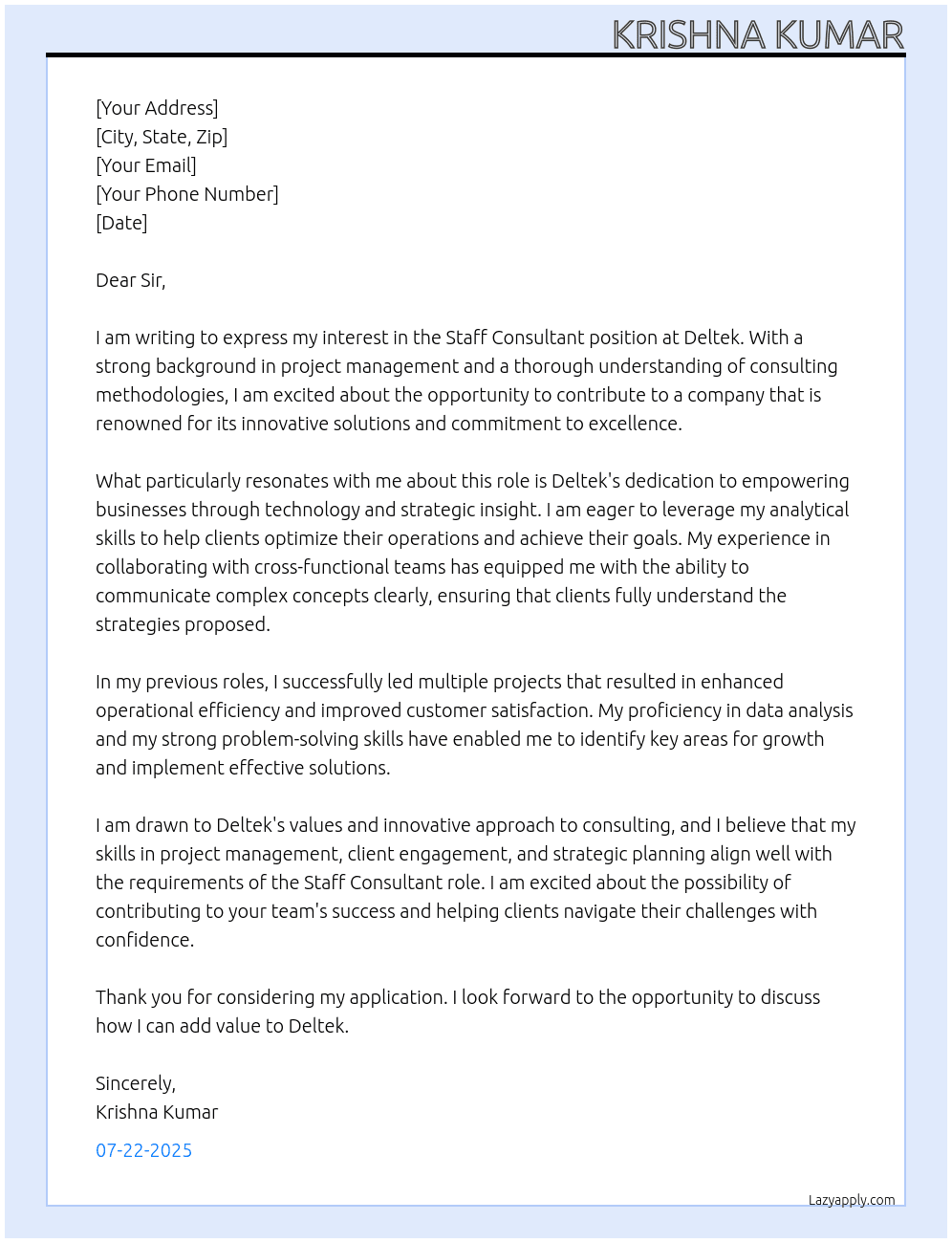Staff Consultant  At Deltek Cover Letter