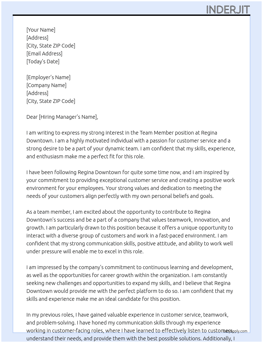 Team member At Regina Downtown  Cover Letter
