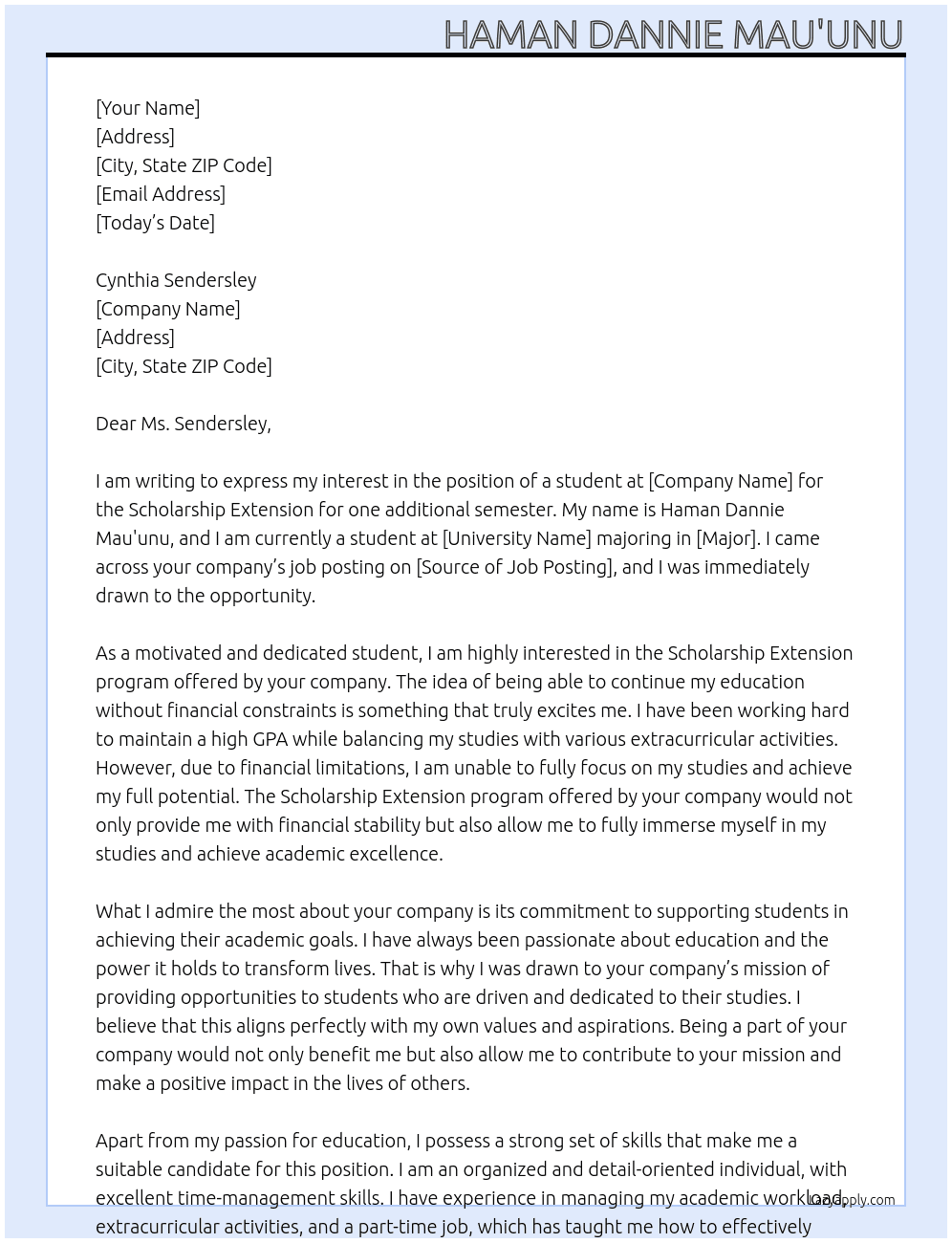 Student At Scholarship Extension for one additional semester Cover Letter