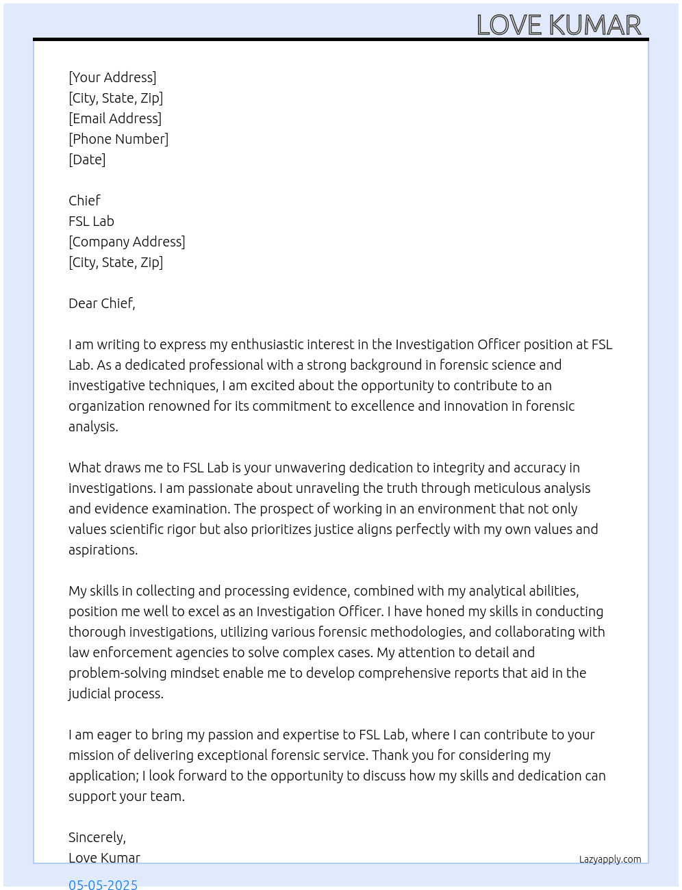 Investigation officer  At FSL lab Cover Letter