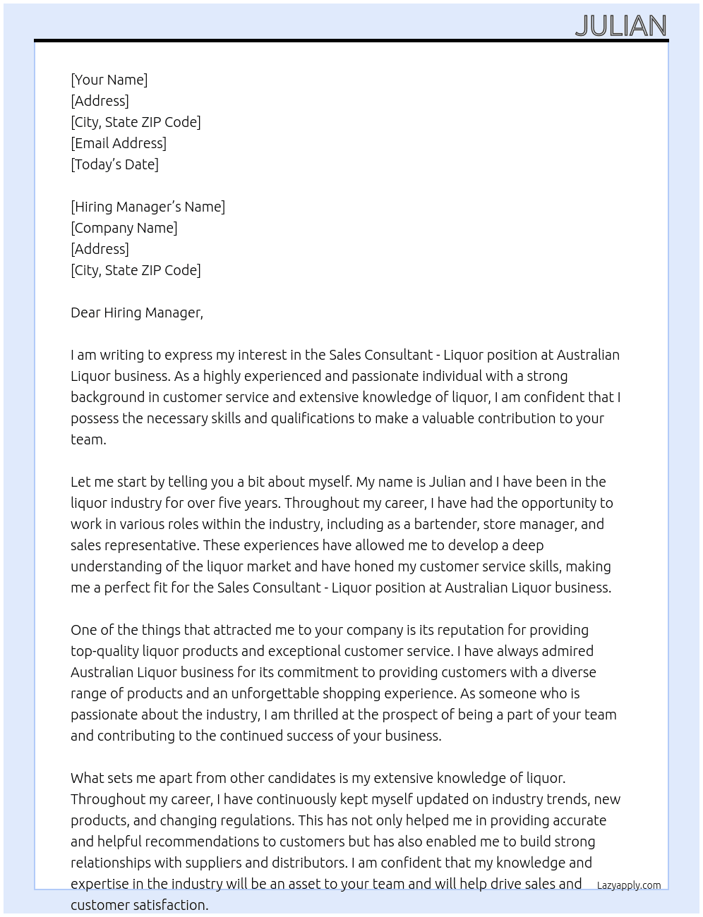 Sales Consultant - Liquor At Australian Liquor business Cover Letter