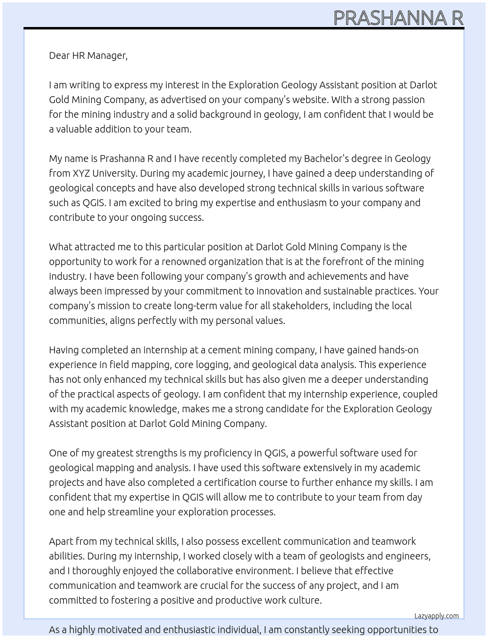 Exploration Geology assistant  At Darlot gold mining company  Cover Letter