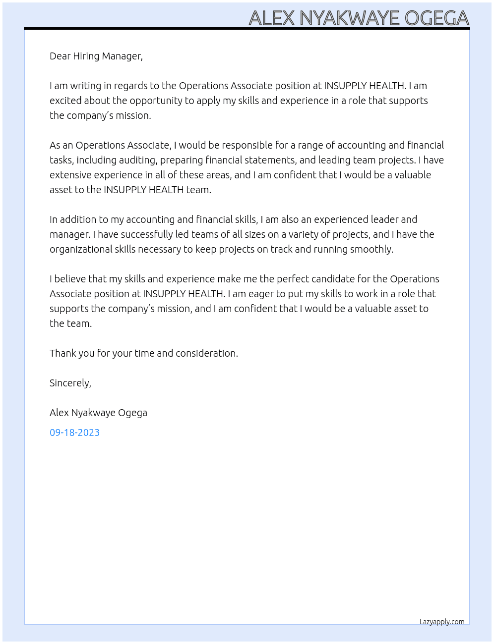 OPerations Asssocaite  At INSUPPLY HEALTH  Cover Letter