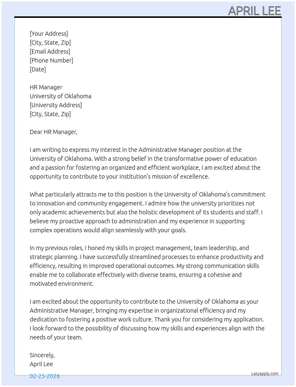 Cover letter for administrative manager - LazyApply
