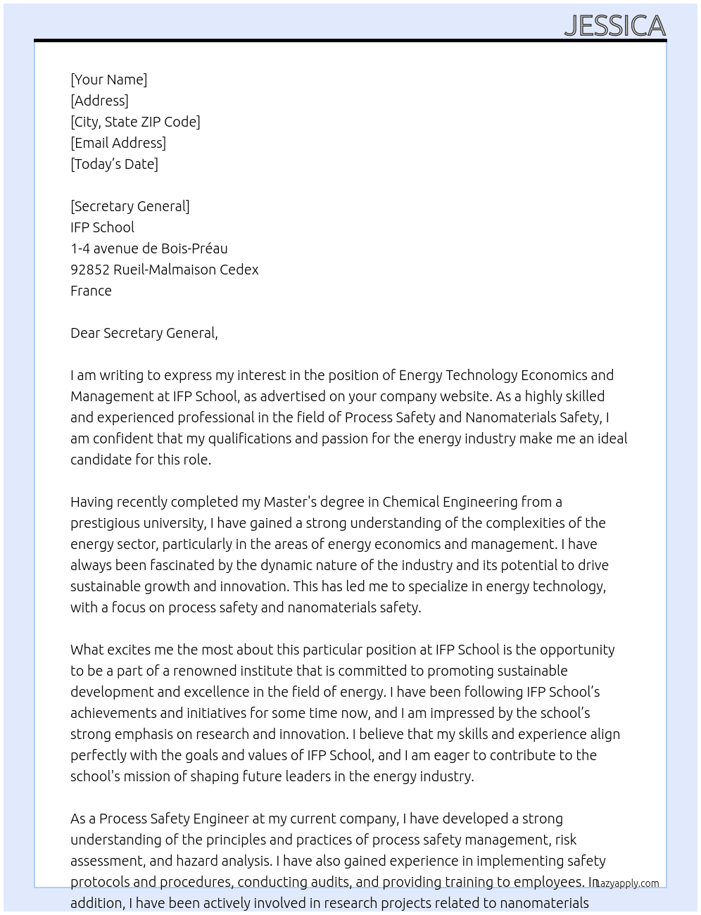 Energy Technology Economics and Management  At IFP School Cover Letter