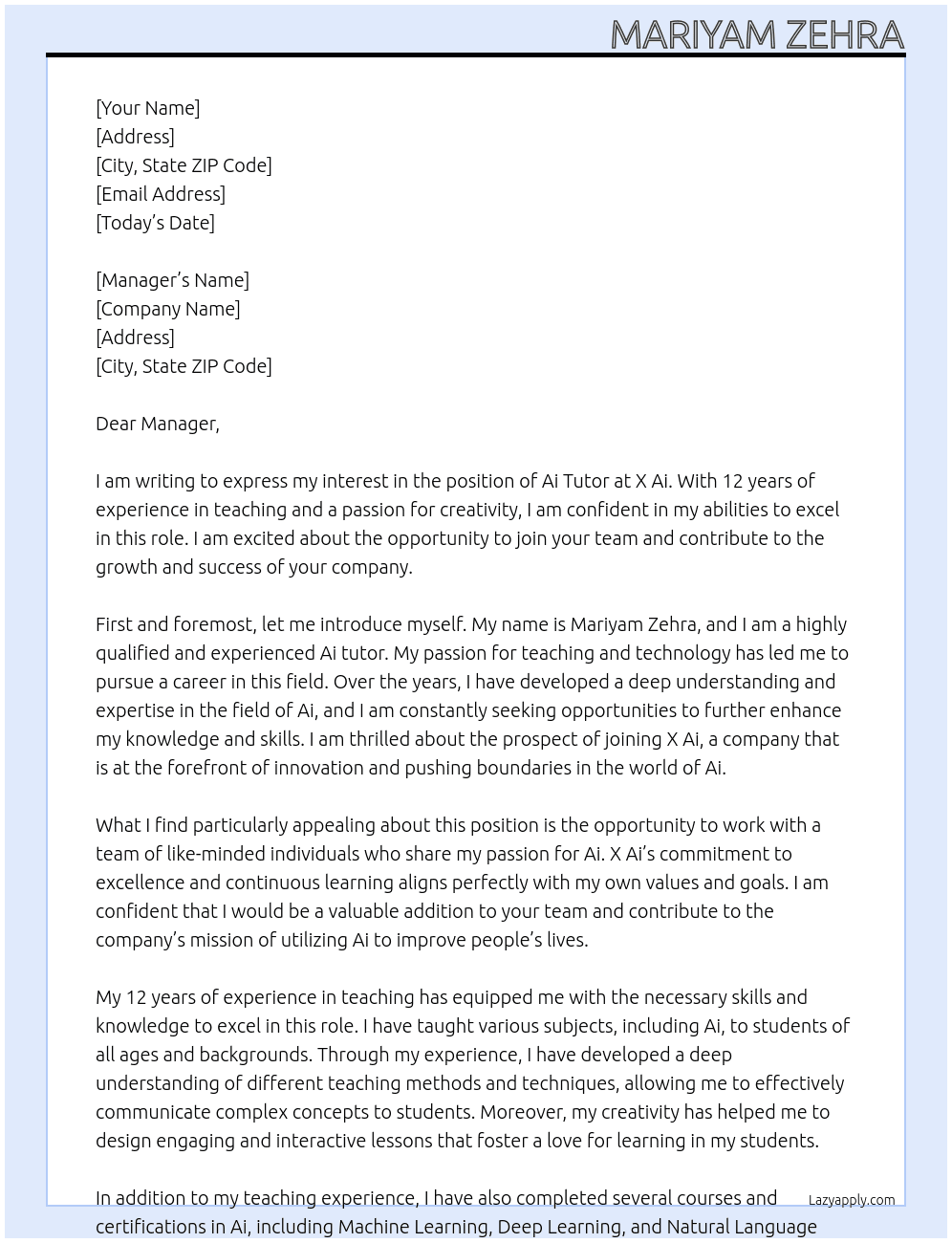 Ai tutor  At X ai Cover Letter