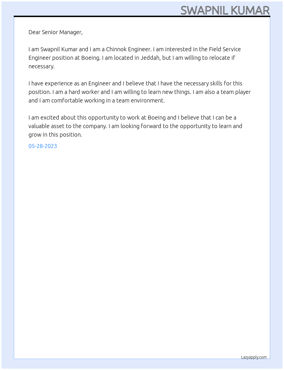 Field Service Engineer At Boeing Cover Letter