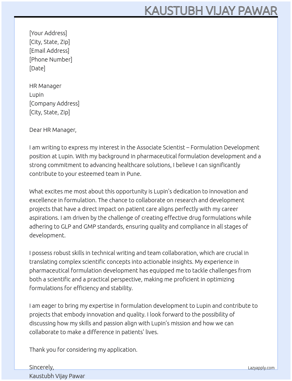 Associate Scientist – Formulation Development At Lupin Cover Letter