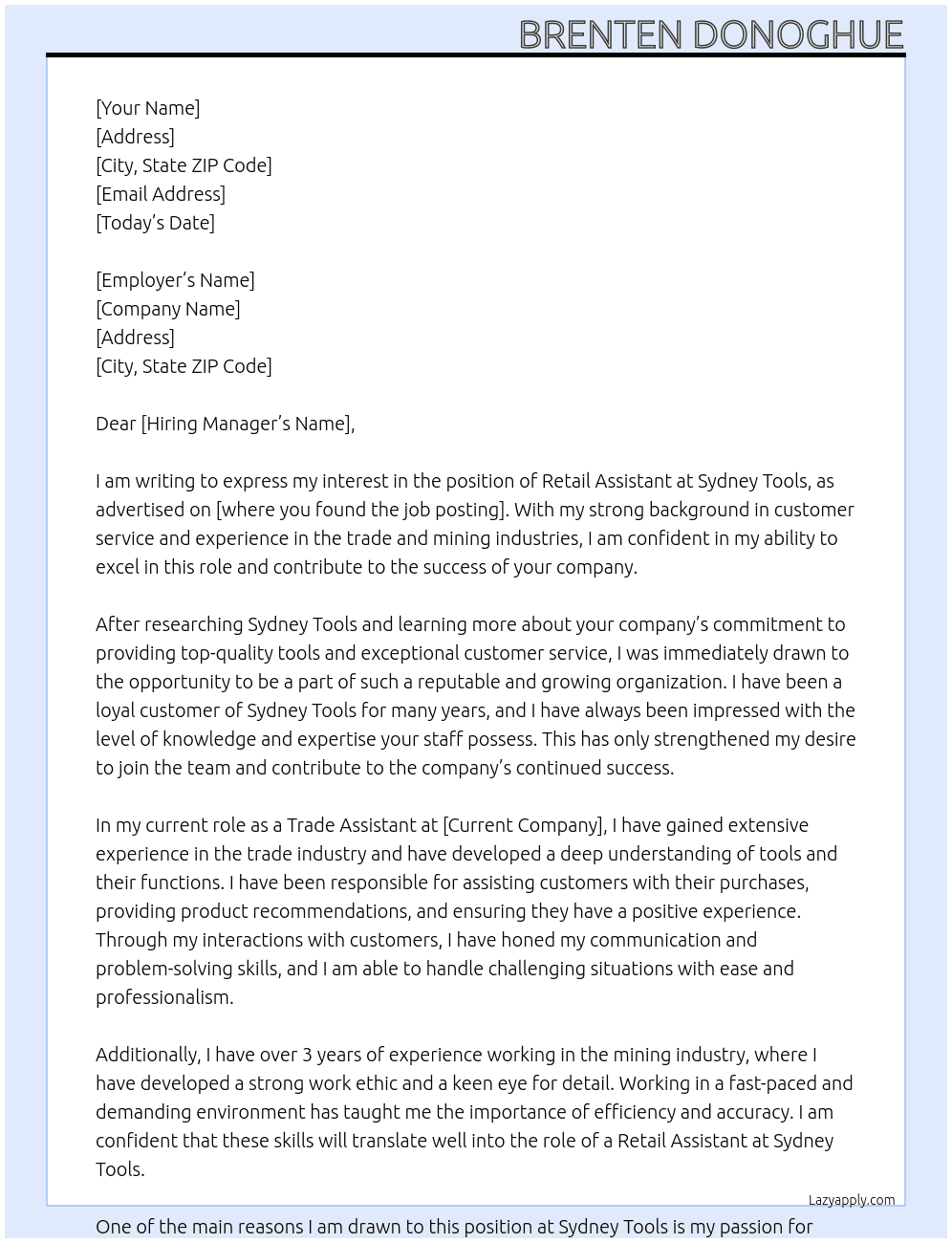 Retail Assistants At Sydney Tools  Cover Letter