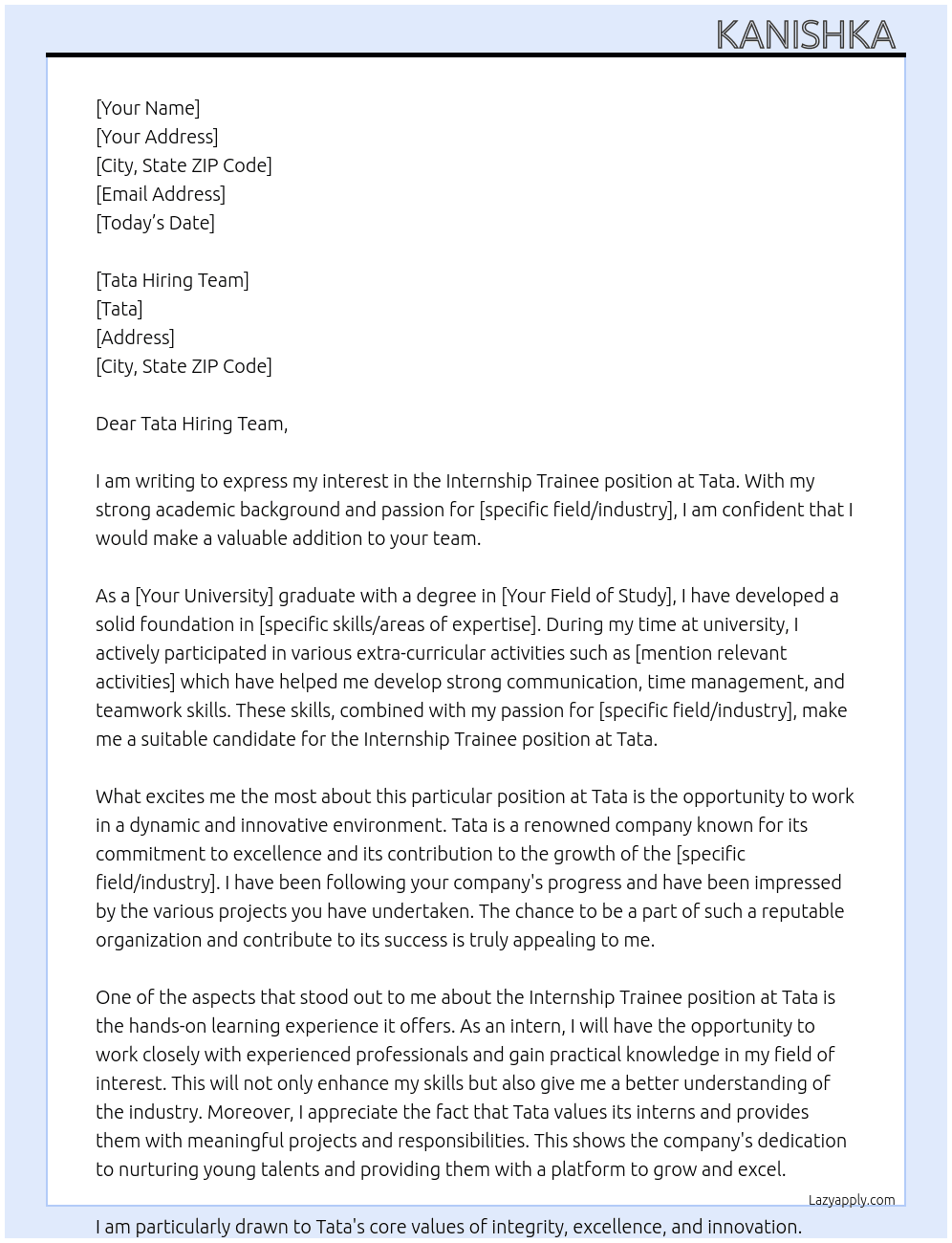 Cover letter for internship trainee - LazyApply
