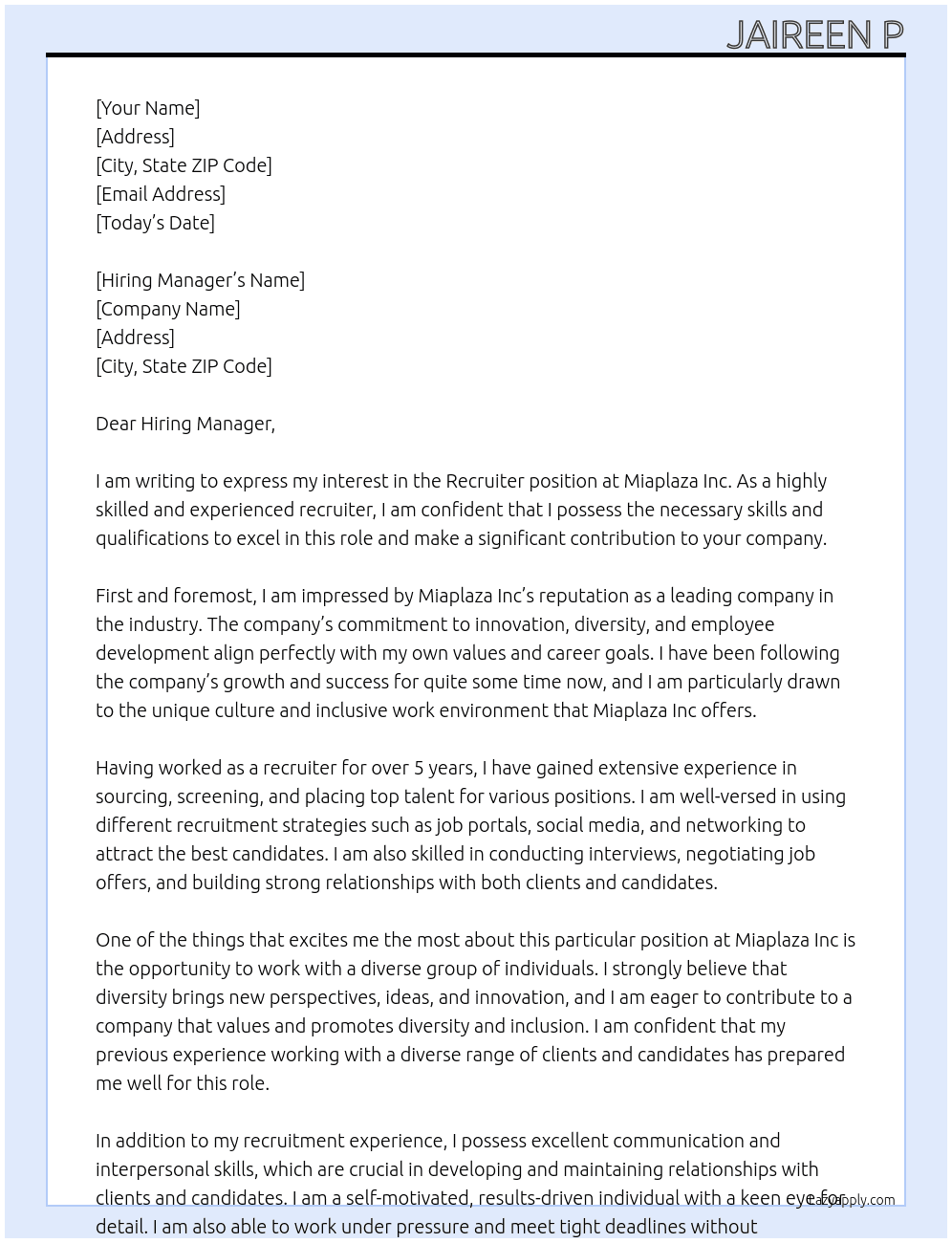 Recruiter At Miaplaza Inc Cover Letter