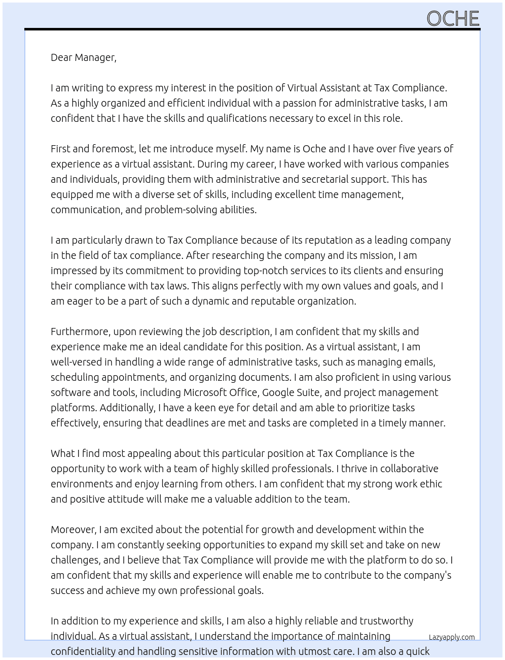 virtual assistant At tax compliance  Cover Letter