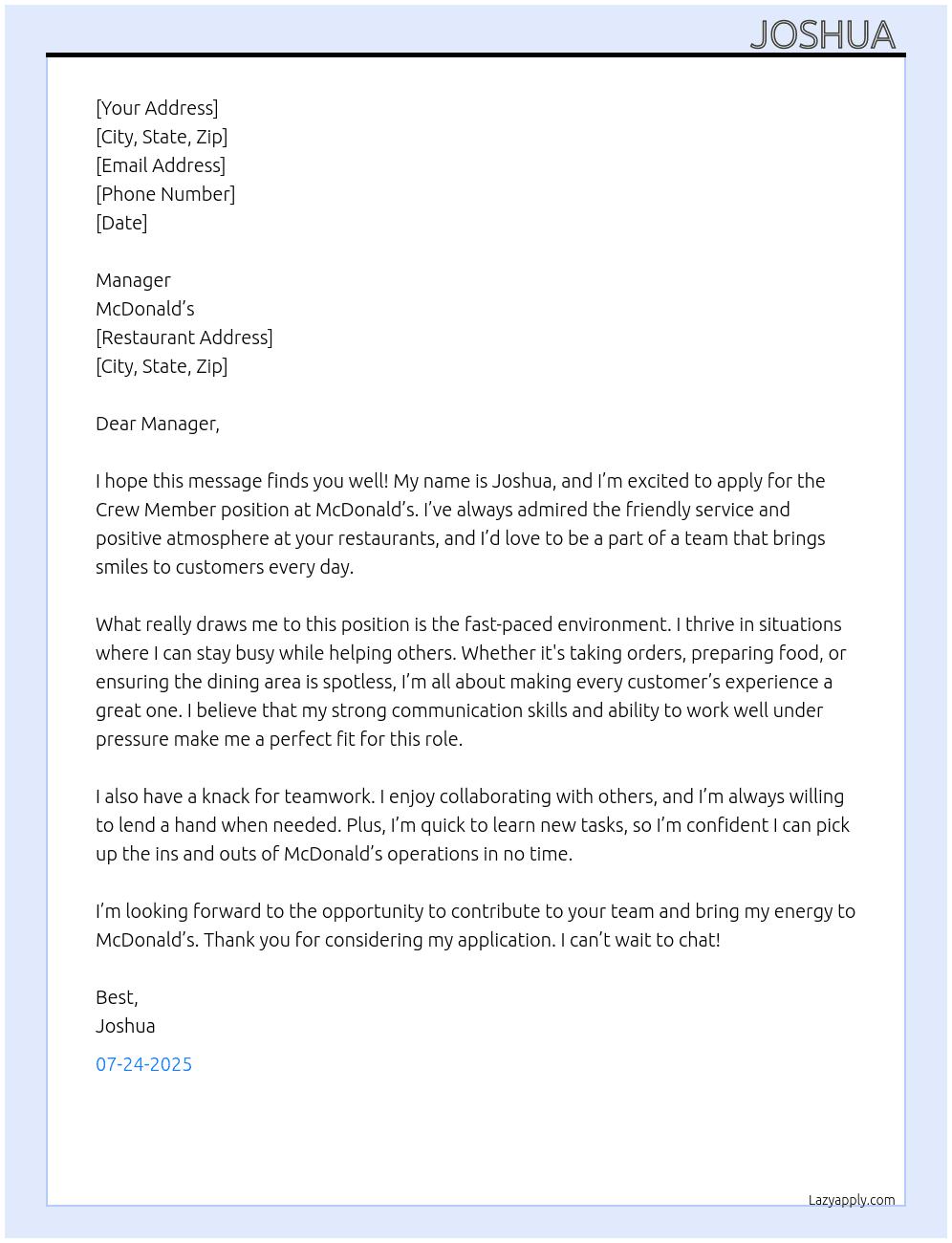 Crew member McDonald’s  At McDonald’s  Cover Letter