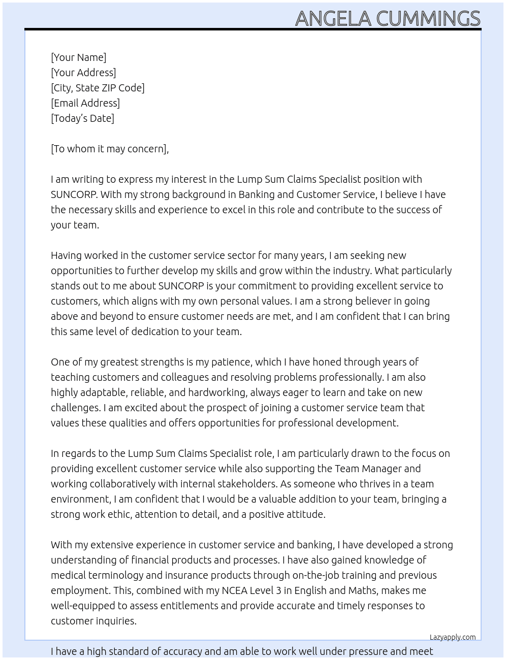 Lump Sum Claims Specialist At SUNCORP Cover Letter