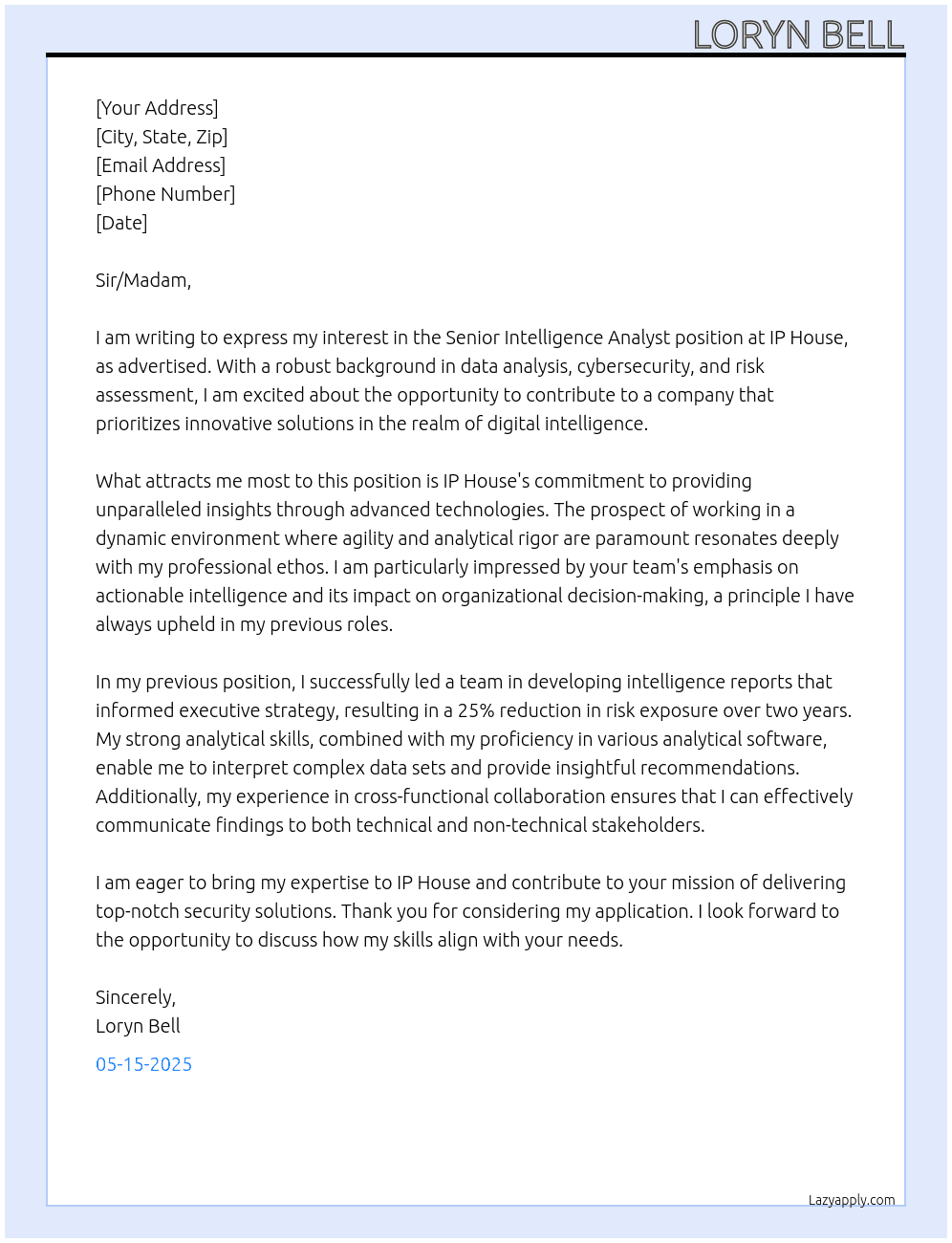 Senior Intelligence Anlayst At IP House Cover Letter
