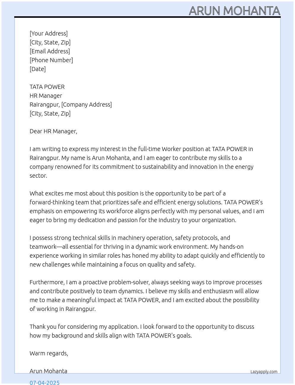 WORKER At TATA POWER Cover Letter