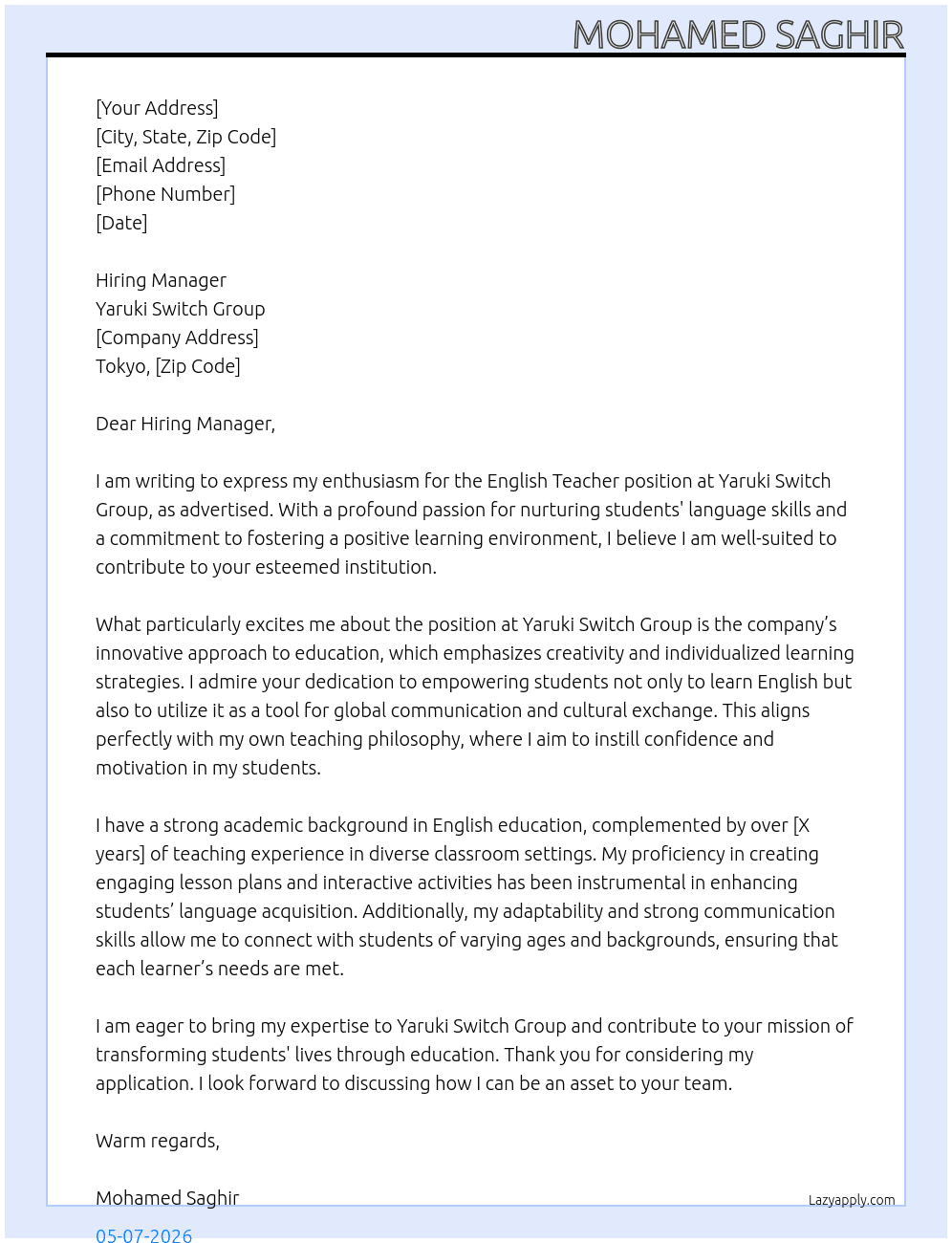 English Teacher At Yaruki Switch Group Cover Letter