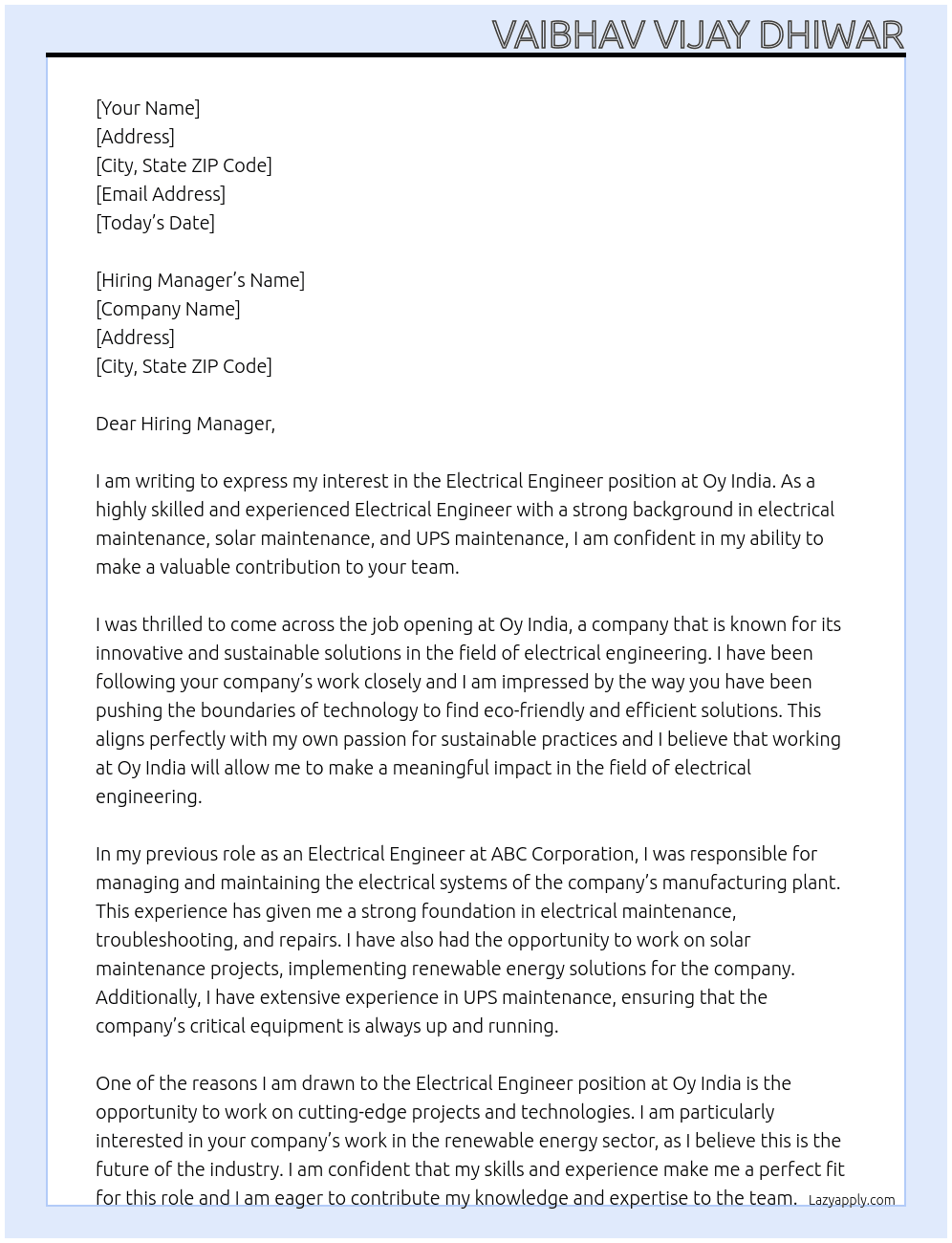 Electrical engineer  At Oy India  Cover Letter