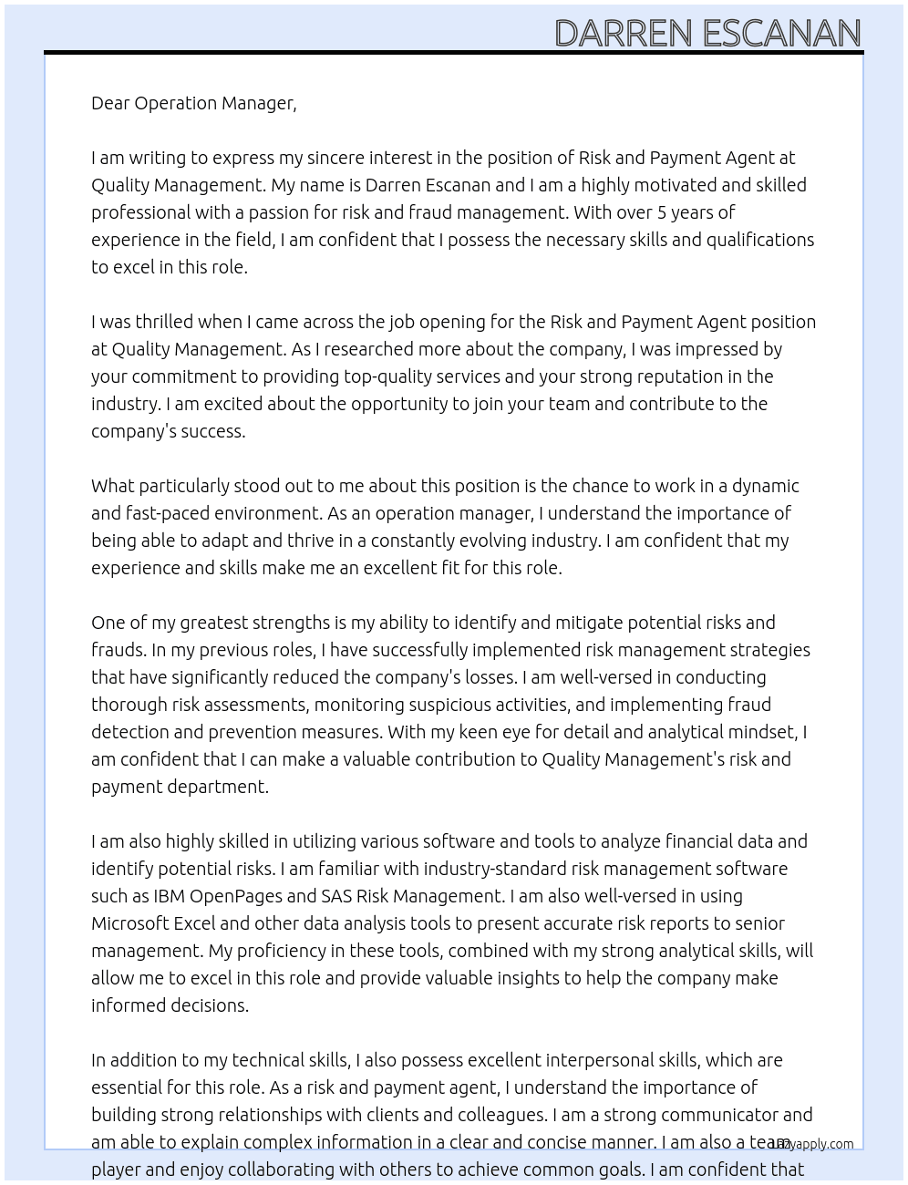 Risk and payment agent At Quality management Cover Letter