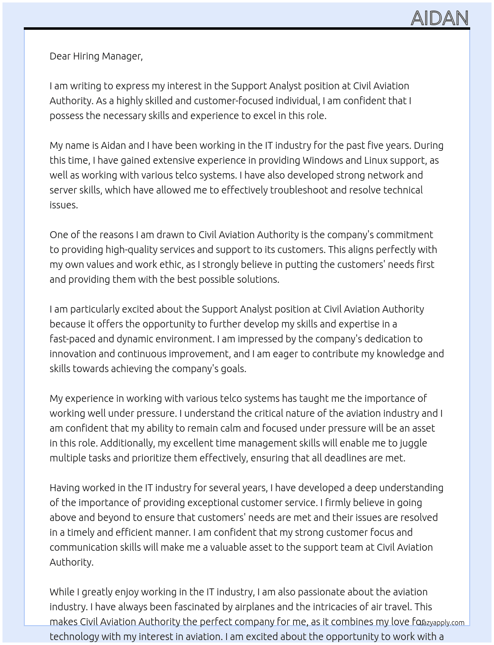 Support Analyst At Civil Aviation Authority Cover Letter