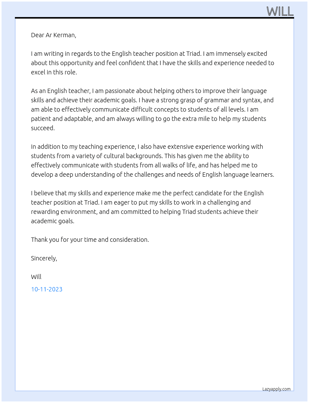 English teacher At Triad Cover Letter