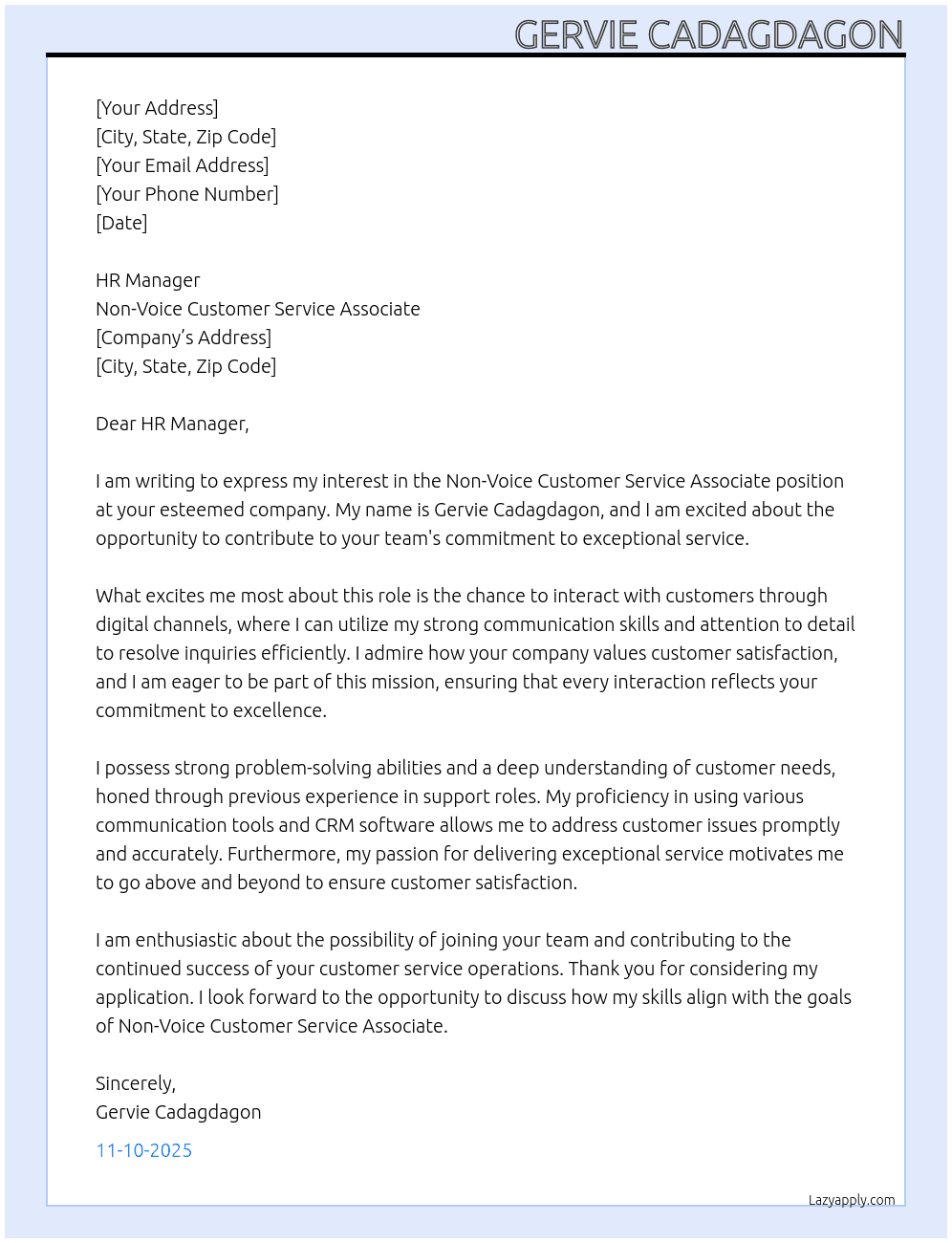 non-voice costumer service At nonvoice costumer service associate Cover Letter