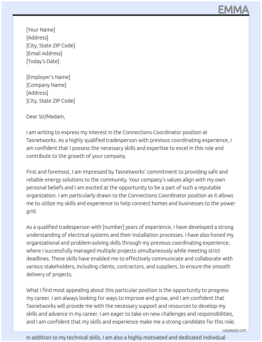 Connections Coordinator At Tasnetworks Cover Letter