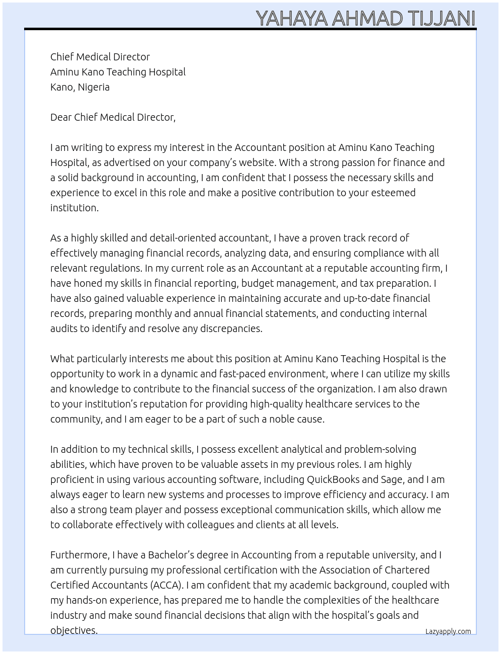 Accountant  At Aminu Kano Teaching Hospital  Cover Letter
