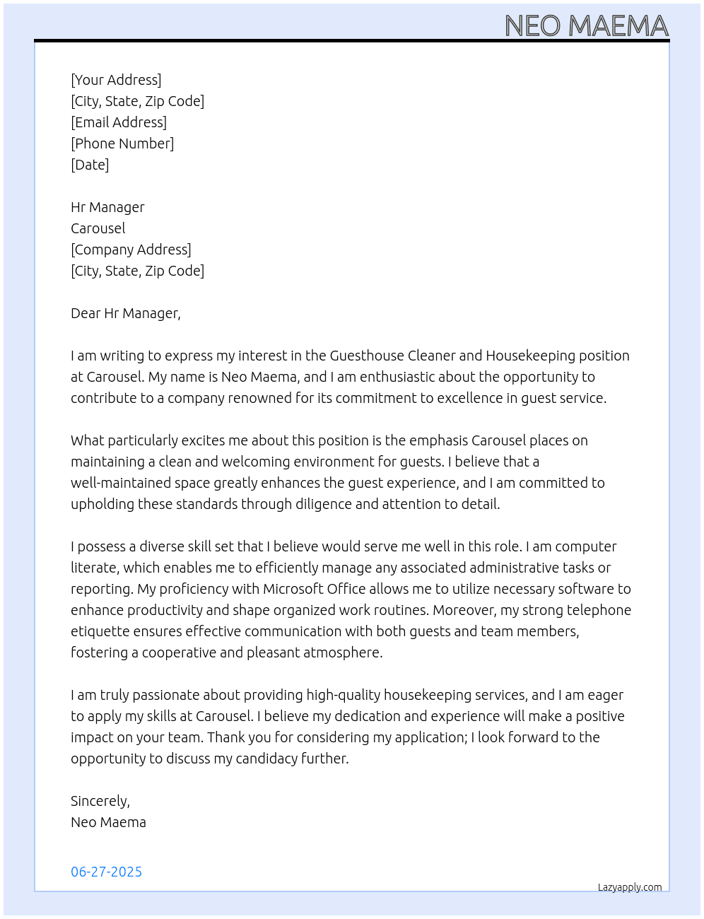 Guestshouse cleaner and housekeeping  At Carousel Cover Letter