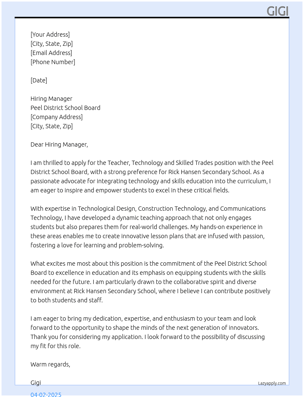 Teacher, Technology and Skilled Trades At Peel District School Board Cover Letter
