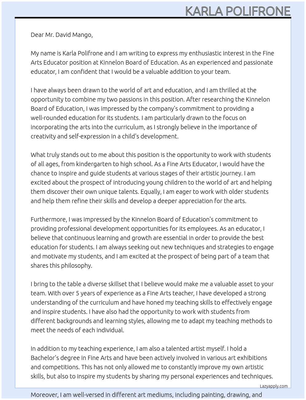 Fine Arts Educator At Kinnelon Board of Education  Cover Letter