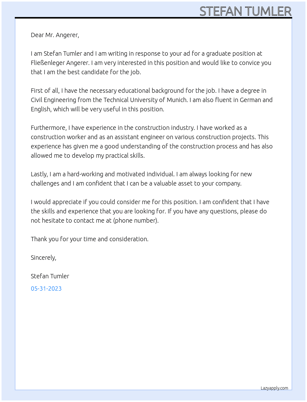 Graduate At Fließenleger Angerer Cover Letter