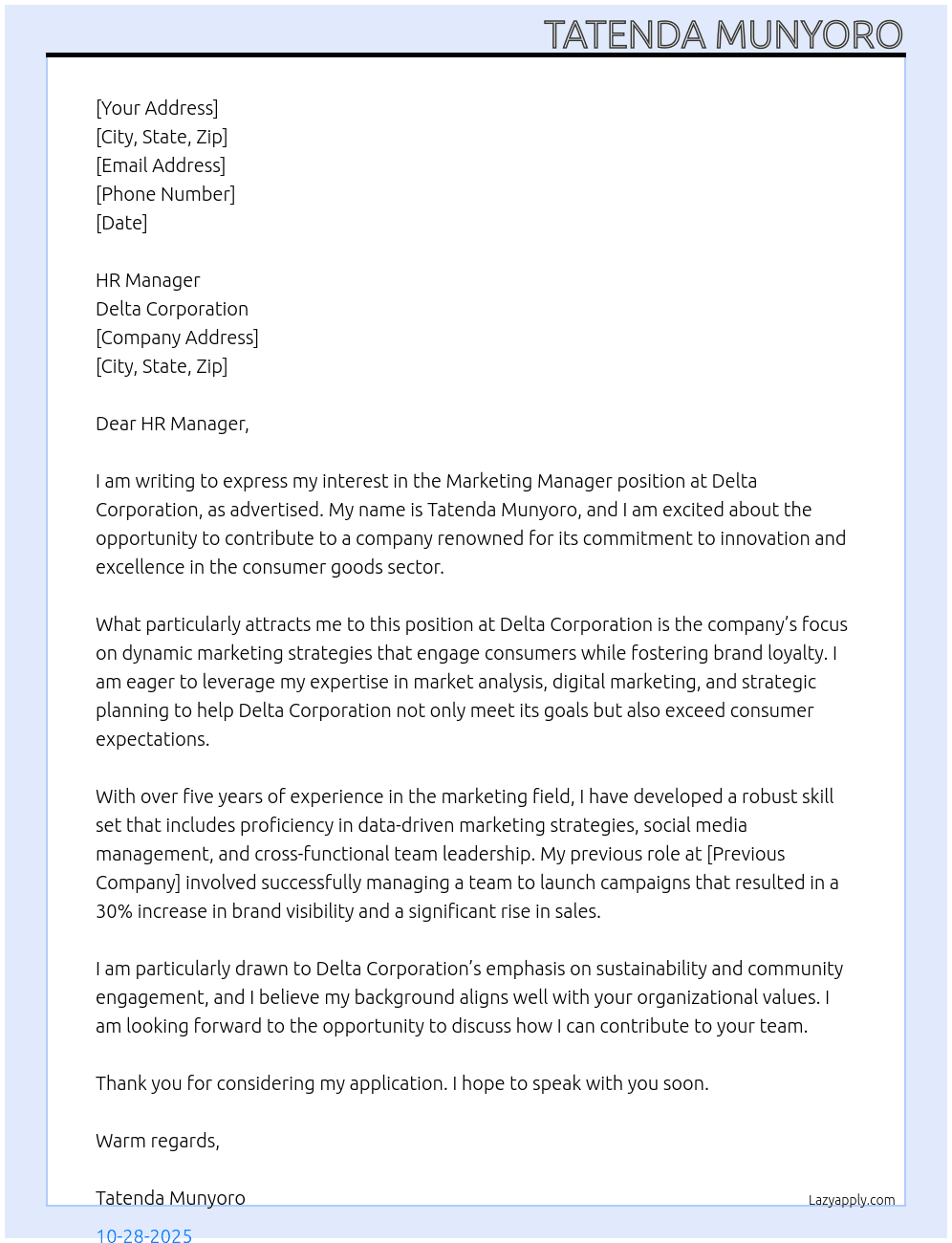 Marketing manager At Delta Corporation Cover Letter