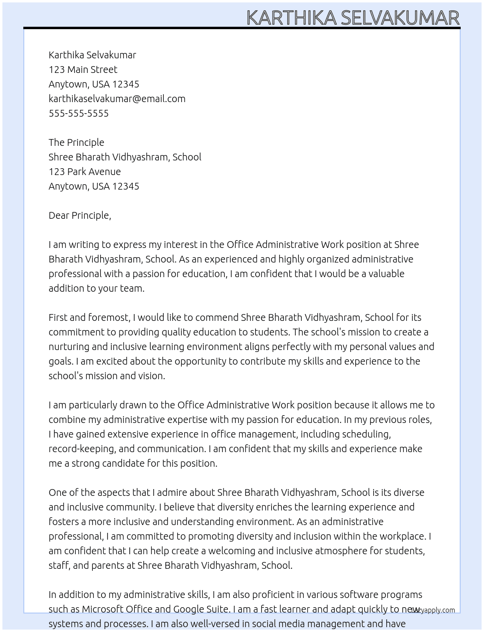 Office Administrative Work At Shree Bharath Vidhyashram,School Cover Letter