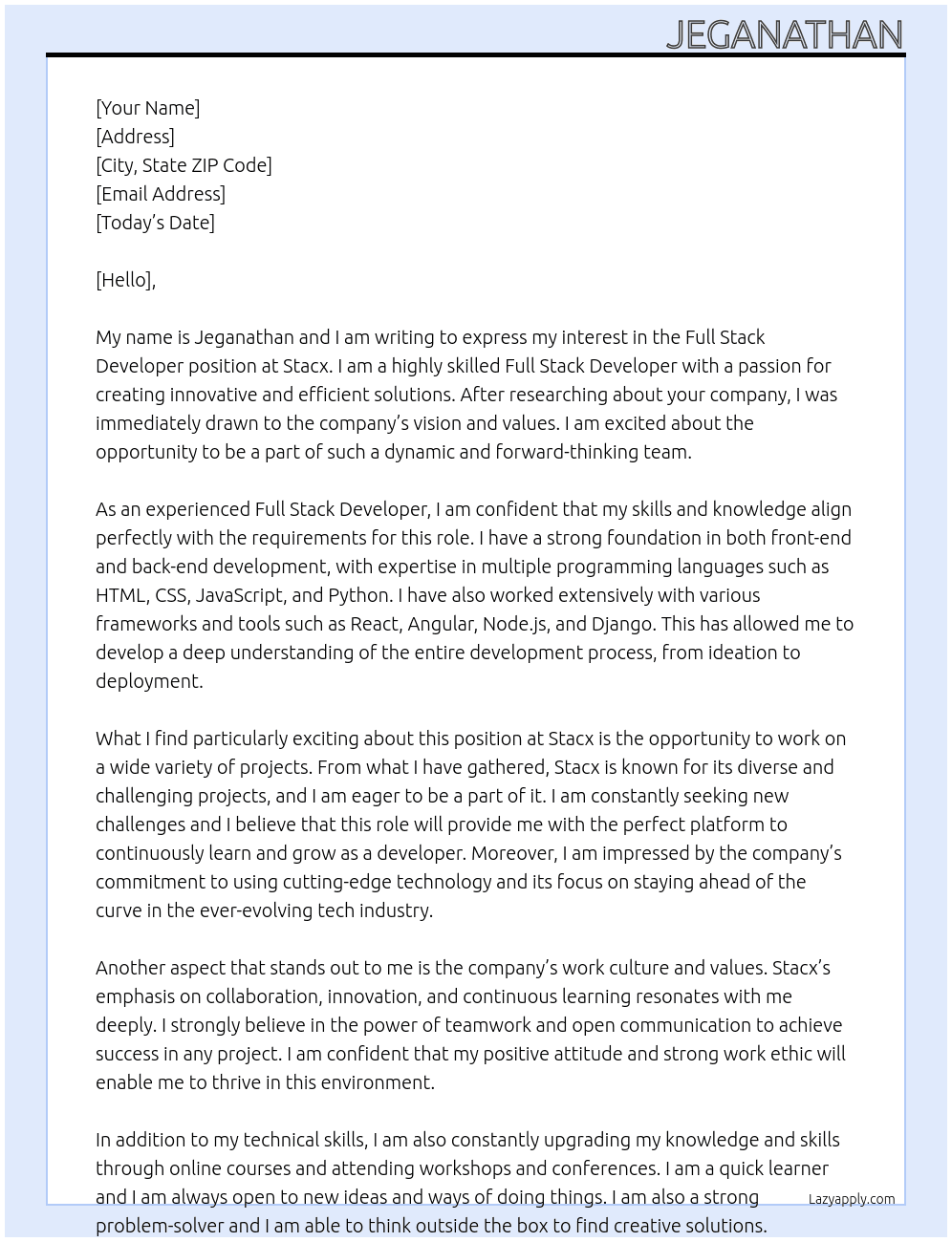 Full Stack Developer  At Stacx Cover Letter