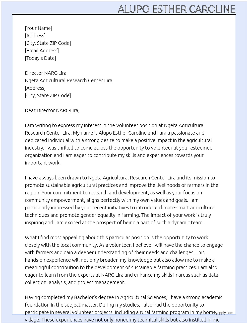 VOLUNTEER At Ngeta Agricultural Research Center Lira. Cover Letter